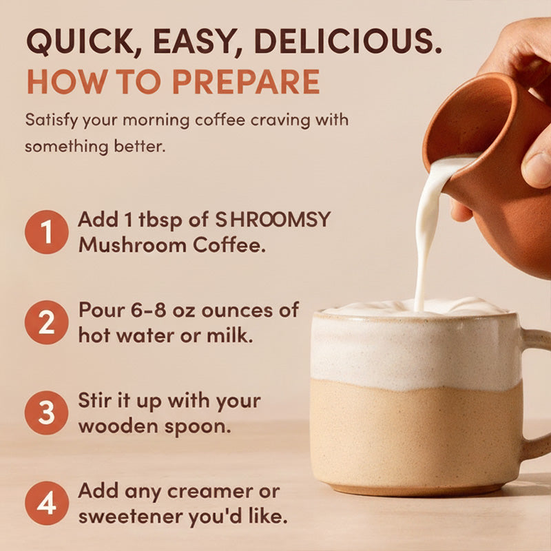 How to prepare Shroomsy Mushroom Coffee: add one tablespoon, pour hot water or milk, stir