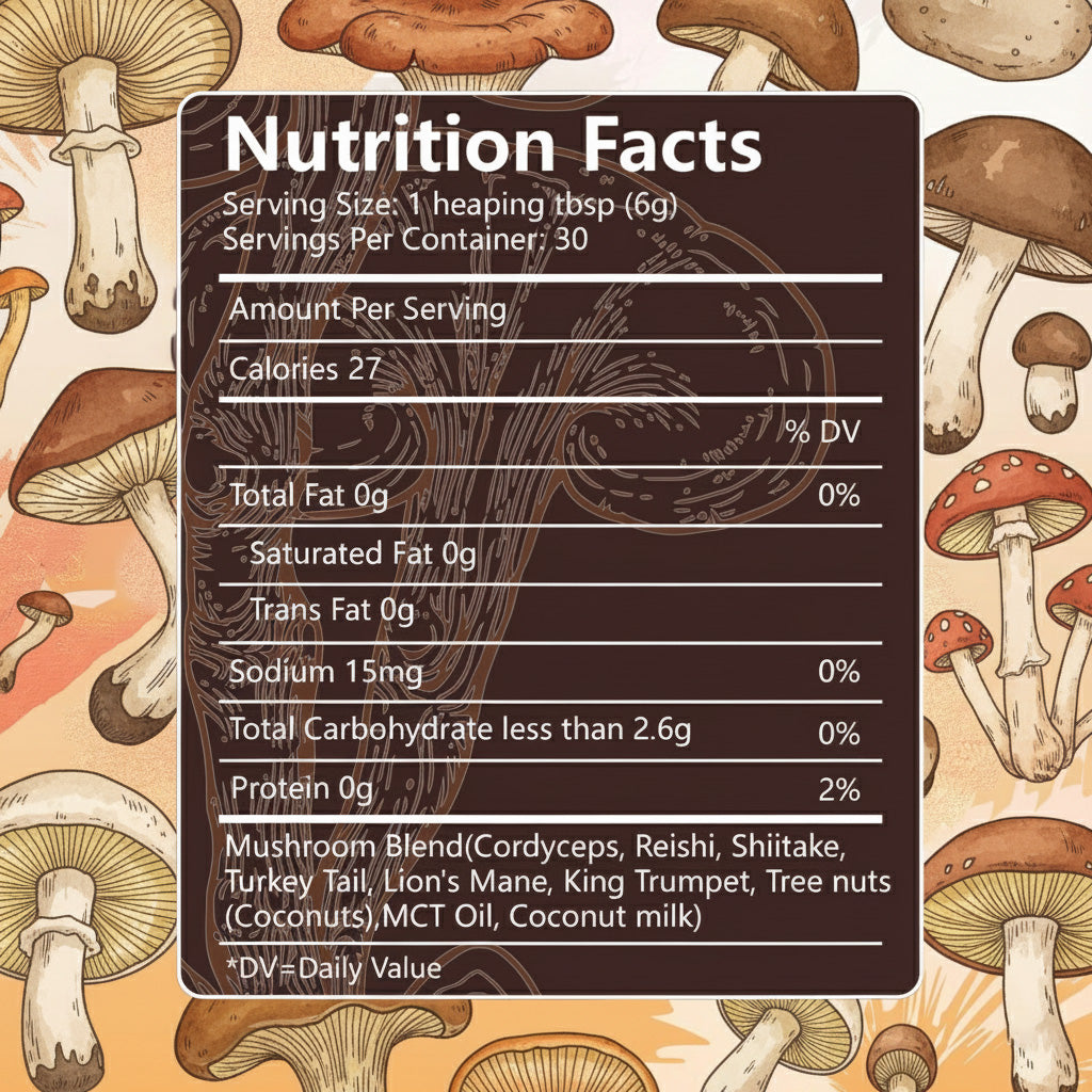 Shroomsy Mushroom Coffee nutrition facts label, 30 servings per container