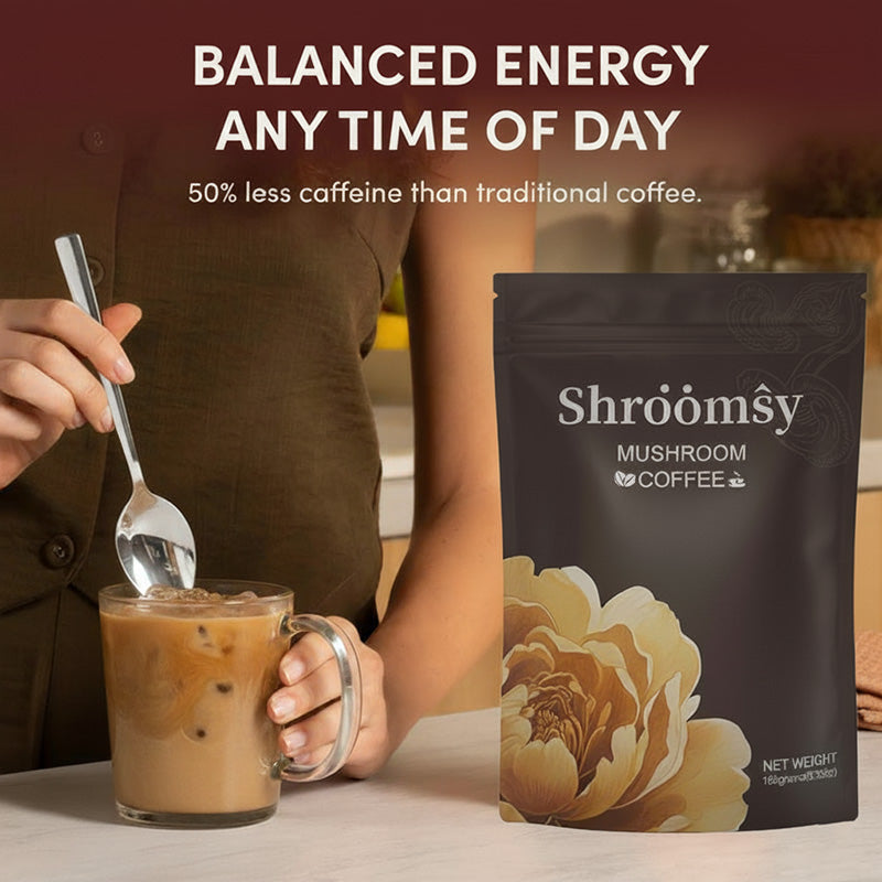 Shroomsy Mushroom Coffee bag next to a woman stirring an iced coffee